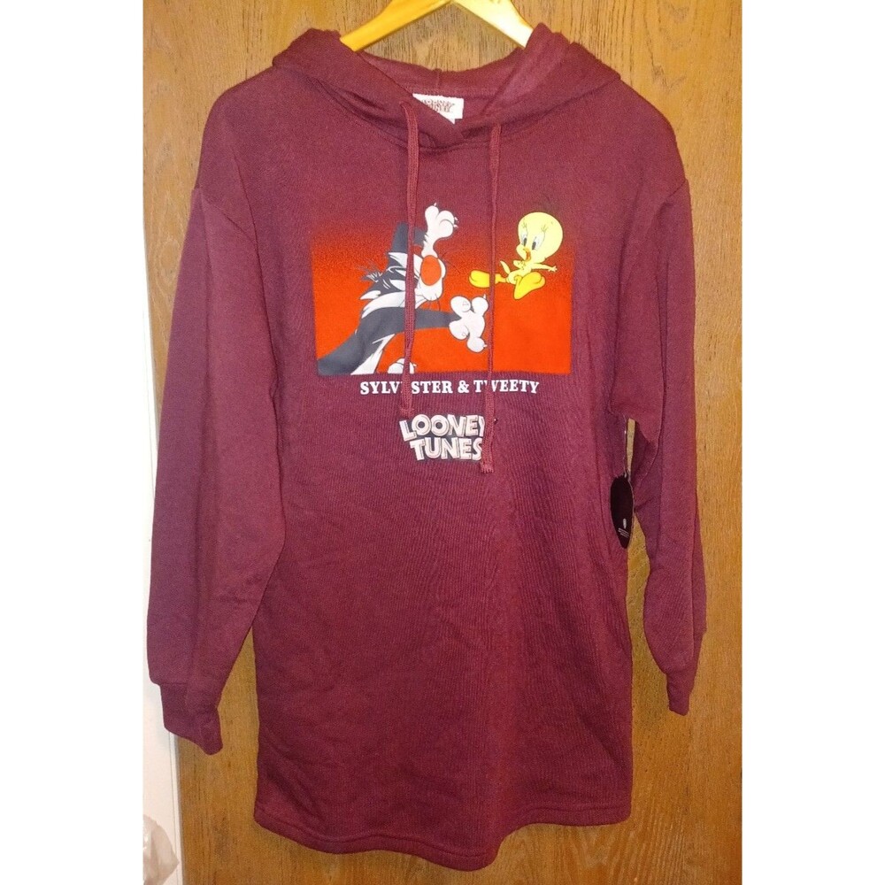 Looney Tunes Sylvester & Tweety Juniors Maroon Extra Long Hoodie Size Small